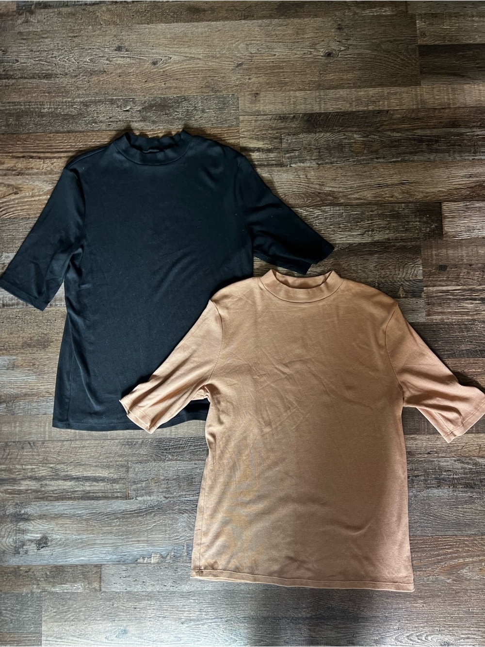 a new day 1/4-Sleeve Mock Neck Ribbed Tops (2) - Black & Tan/Camel